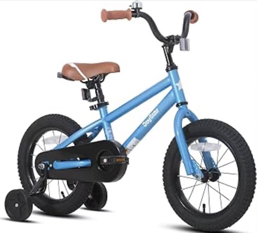 ✌️JOYSTAR Kids Bike, 14Inch BMX Style Kid's Bikes with Training Wheels, Children Bicycle for Kids and Toddler, blue with Orange Seat,