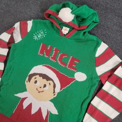 Elf On The Shelf Nice Sweater Mens Large Green Red Christmas Ugly Sweater Hood