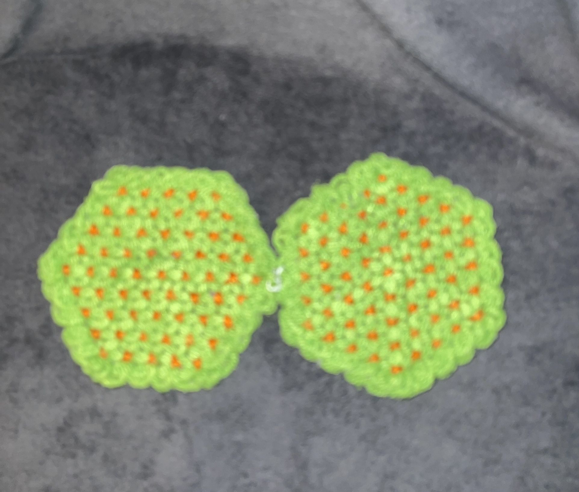Vintage Handmade Green and Orange Hexagon Crocheted Trivets Set of 2.
