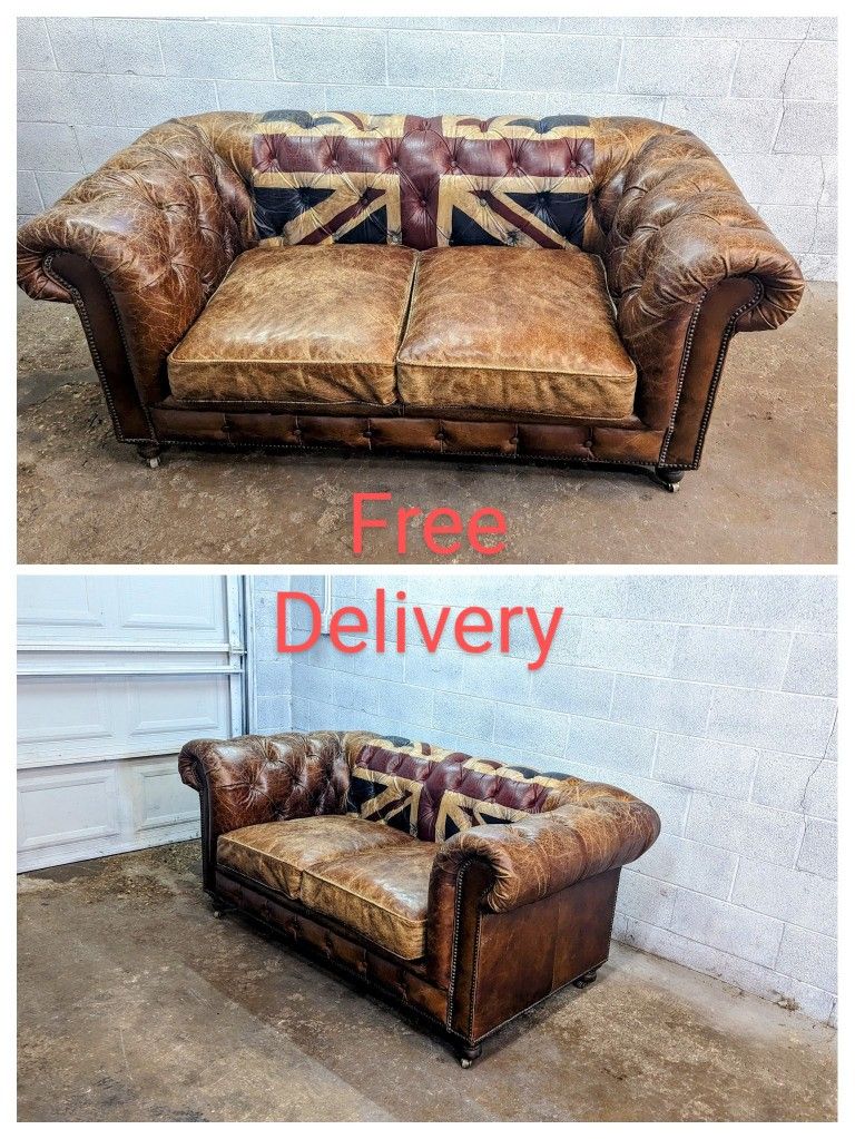 Restoration Hardware Union Jack Kensington Leather Chesterfield Sofa Couch