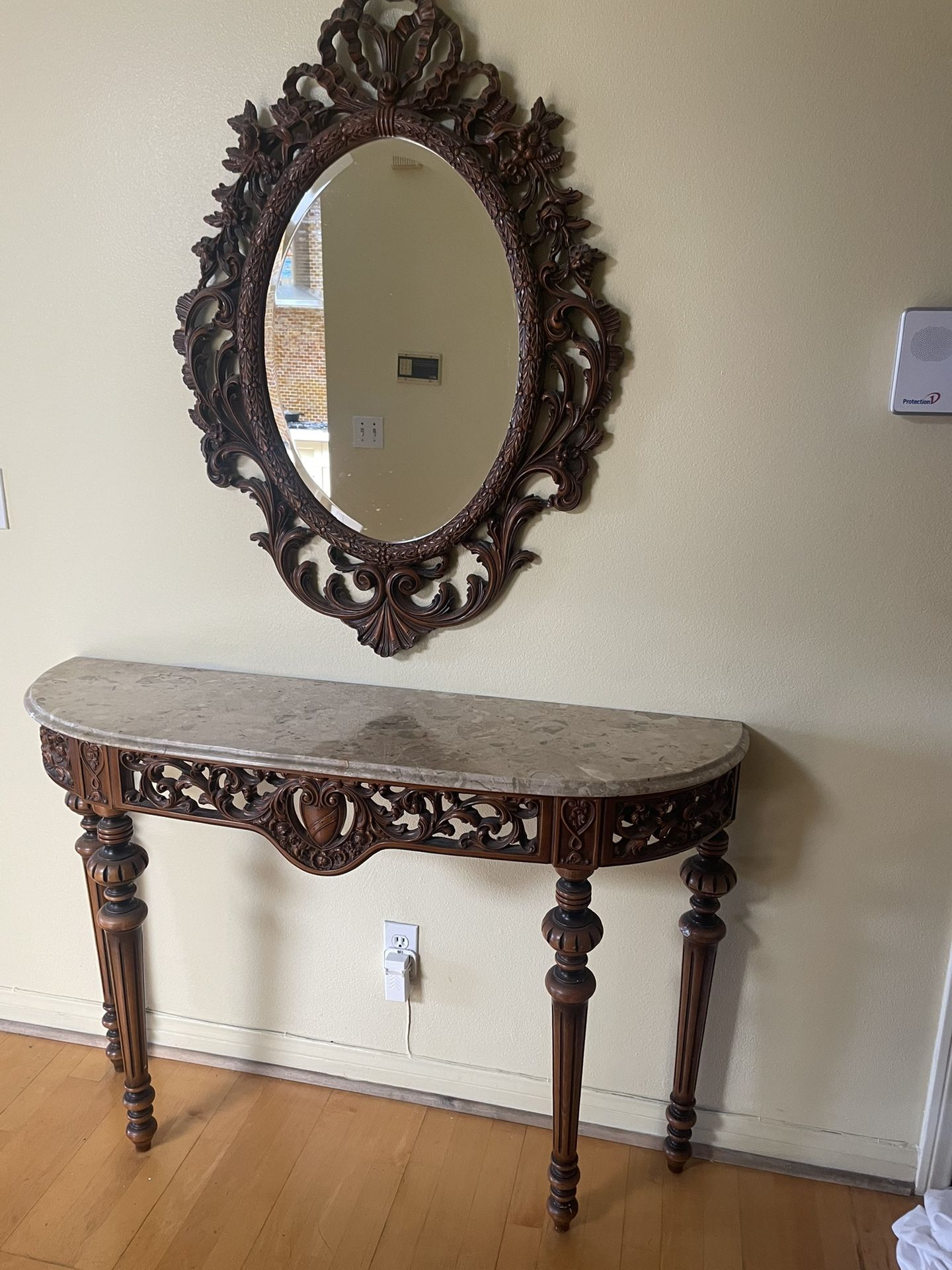 Antique Italian Wood Marble Top Console Mirror