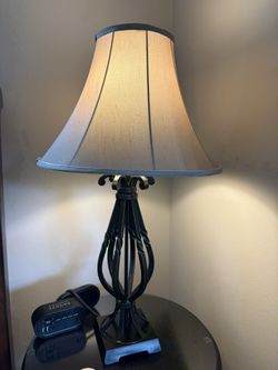 Set Of 2 Wrought Iron Night Table Lamps With Silk Shade