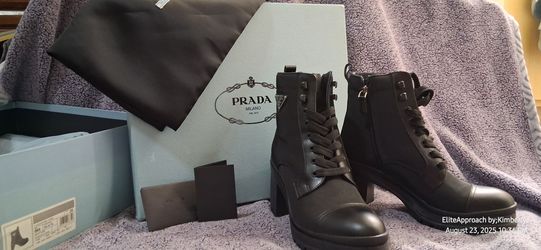 Prada Black Leather Combat Boots with Box