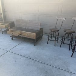 Wood Table, 2 End Tables, 3 Barstools 