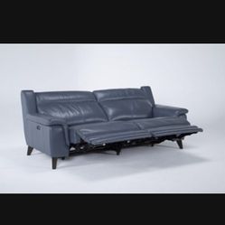 Living Spaces Moana Blue Leather Power Dual Reclining Sofa, Love-Seat & Recliner set