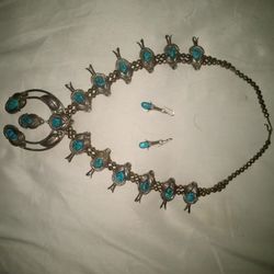 Handmade Sterling Silver And Turquoise Antique Navajo Necklace And Matching Earrings