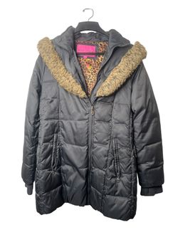 Gently Loved Betsey Johnson Women's Black Faux Fur Puffer Coat,(Size L)