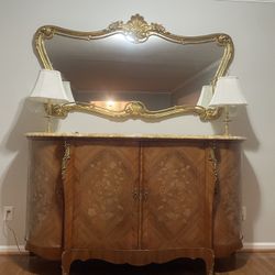  Marble Top Antique Batesville French Provincial Louis XV Carpathian Elm Sideboard Buffet 65"