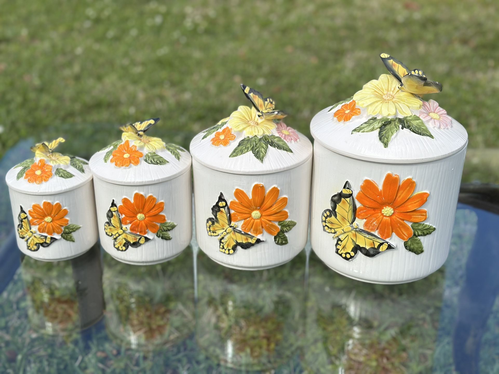 Vintage Floral Butterfly Ceramic Kitchen Canisters made in Japan retro kitschy MCM Mid Century Complete set of 4