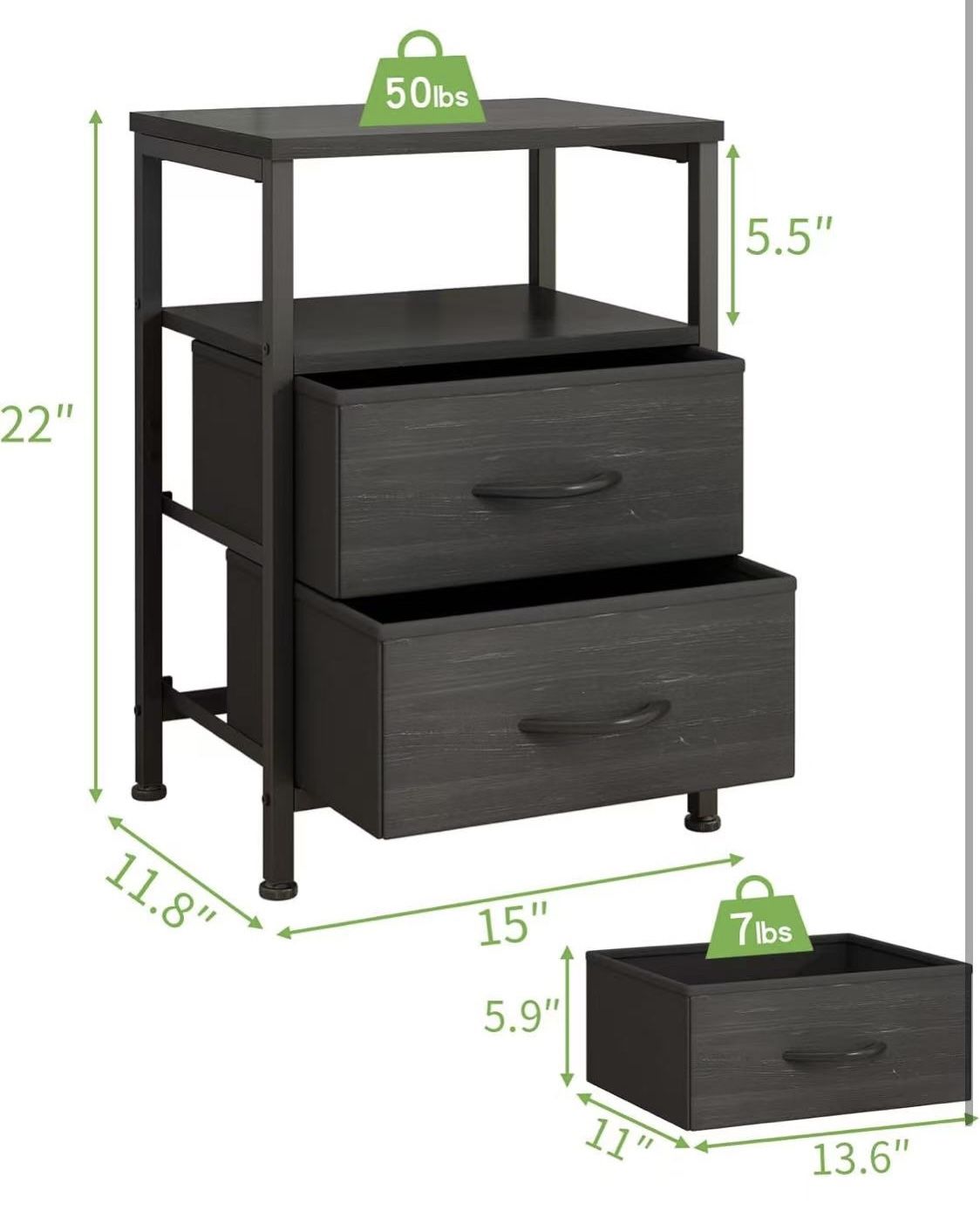🥨Nightstand End Table with Fabric Storage Drawer and Open Wood Shelf, Sidetables for Bedroom, Small Bedside Furniture, Dorm, Black
