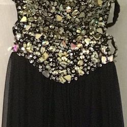 Glamour  By Terani Couture Bedazzled  Bodice Navy Blue Full length chiffon skirt open back And Sides SZ 2