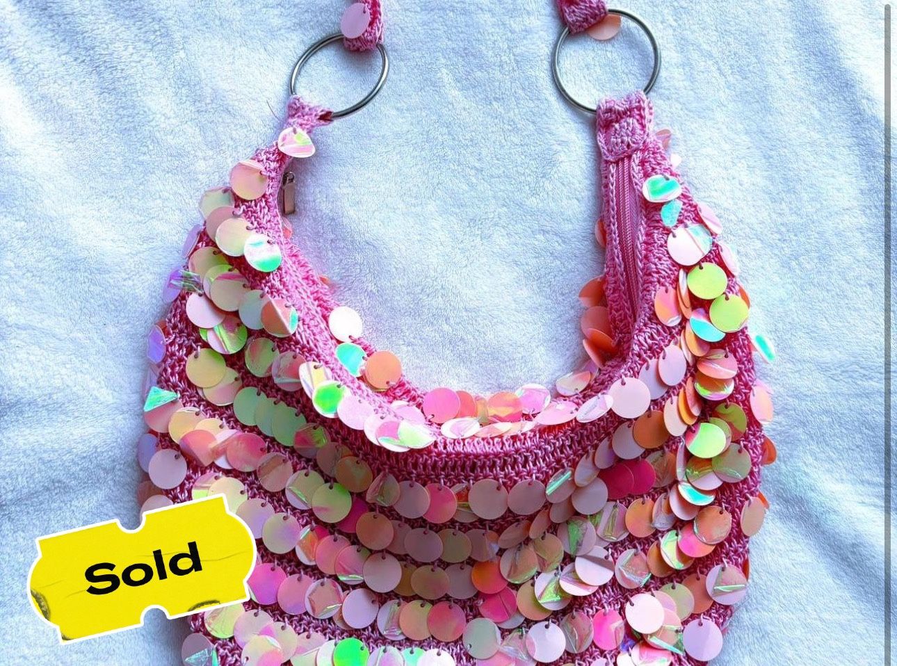 ✨ VINTAGE Y2K PINK DANGLY SEQUINS CROCHET BAG HOLOGRAPHIC ✨