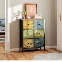 Y 6 Drawer Dresser for Bedroom, Fabric Dresser Organizer, Tall Dresser with Vintage Wooden Top, Steel Frame, Chest of Drawers, Closet, Nursery and Liv