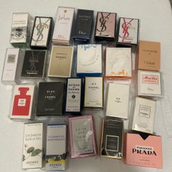 24Piece mini splash/dabber bottles) from luxury fashion houses, including Chanel, Dior, Hermès, Yves Saint Laurent (YSL), and Prada