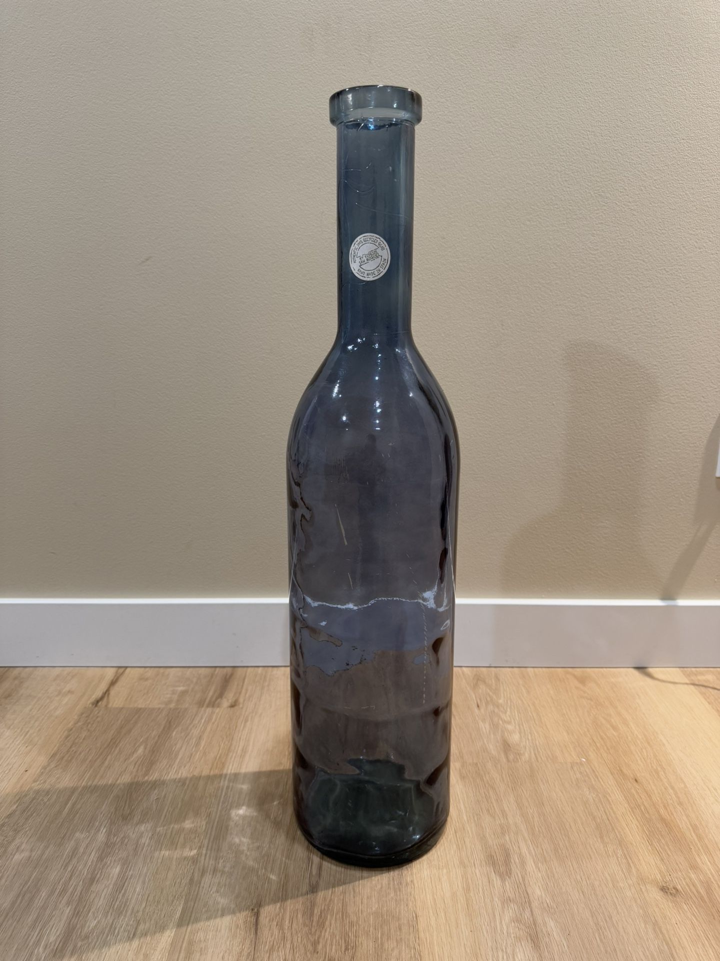 30" Blue Recycled Glass Tall Spanish Bottleneck Vase. Vintage