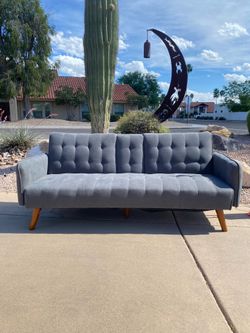 Gray Futon Sleeper Sofa - Fold Flat Bed + Cup Holders