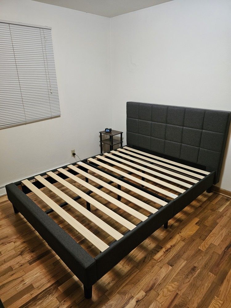 Upholstered Bed Frame ( Queen), Wood Slat Support, Easy Assemble, Grey