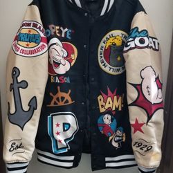 REASON POPEYE EXCLUSIVE COLLAB BRUTUS LIMITED EDITION EST.1929 MEN'S BOMBER JACKET SIZE LARGE REGULAR FIT BLACK BRAND NEW WITH OUT TAGS .