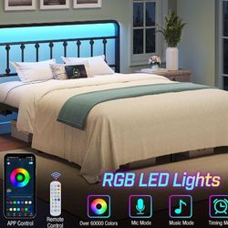 LED KING-SIZE Platform Bed Frame, 14 Inch Metal Platform with Headboard, Charging Station