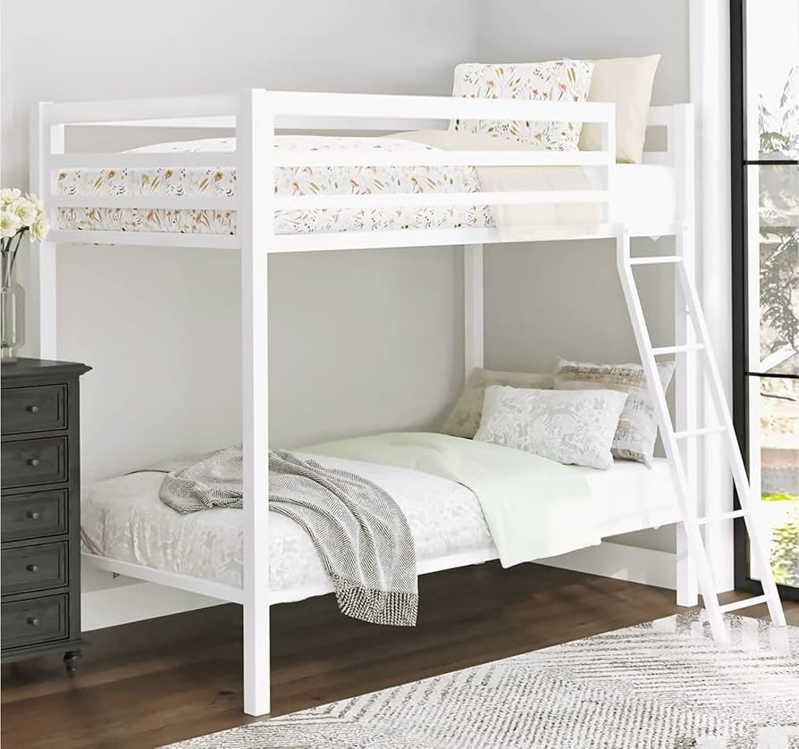 Metal Bunk Bed Twin Over Twin Size for Junior & Adults with Angled Ladder & Heavy Duty Safety Guardrail, Space-Saving/Noise Free, White