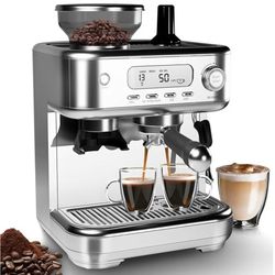 Espresso Machine 15 Bar, Espresso Maker with Grinder and Steam Milk Frother, Stainless Steel Coffee Machine with 78oz Removable Water Tank, New