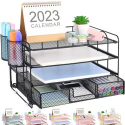 Desk Organizers and Storage - 4-Trays Paper Letter Tray Organizer with Drawer and 2 Pen Holder, Desktop File Organizer for Desk Organizer