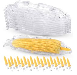 9 Pcs Corn Trays with 20 Pcs Corn Holders on the Cob Skewers Transparent Plastic
