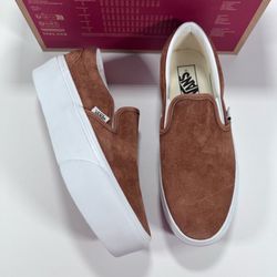 Vans Classic Slip-On Stackform Platform Nubuck Chipmunk Brown Sneakers Women 8.5