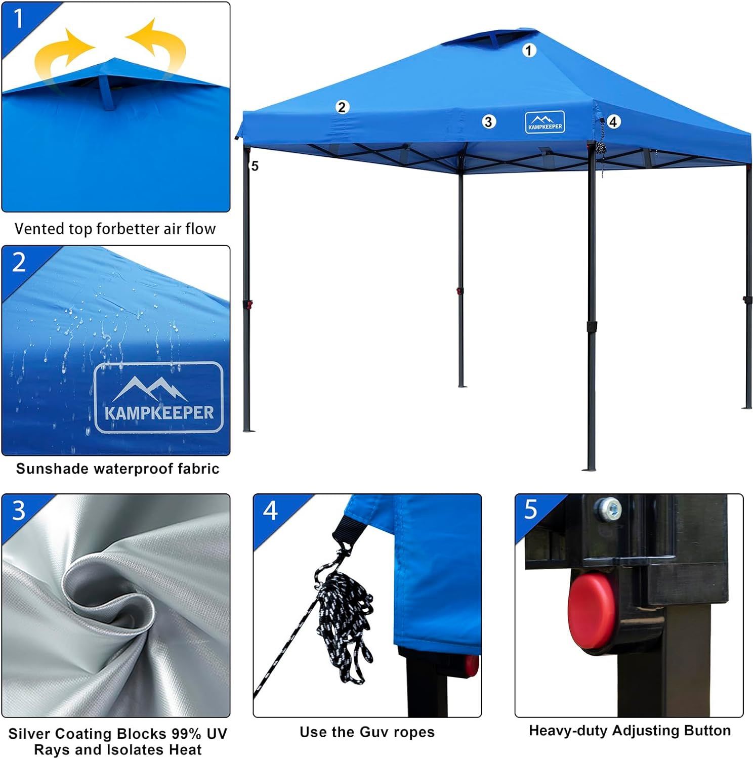 KAMPKEEPER Pop-up-Canopy-Tent, 3 Adjustable Height with Wheeled Carrying Bag, 4 Ropes and 4 Stakes, (Blue)
