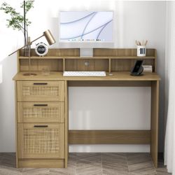 Small Computer Desk with Drawers and Hutch Shelf,Home Office Small Desk with Storage File Drawers,Boho Rattan Writing Study Desk for Bedroom