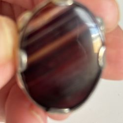 Vintage Silver Tone Agate Stone Ring