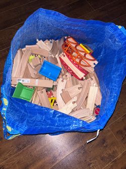 Large Lot of Wooden Train Tracks and Accessories