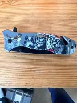 Folding Pocket Knife Native American Wolf Design