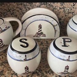 Lighthouse Salt/pepper/sugar/creamer & Napkin Holder set.