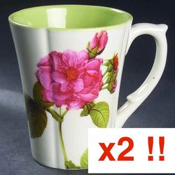 Set of 2 Gorham Rose Serenade Coffee Mug Light Ivory 12oz Pink Fuchsia Flower