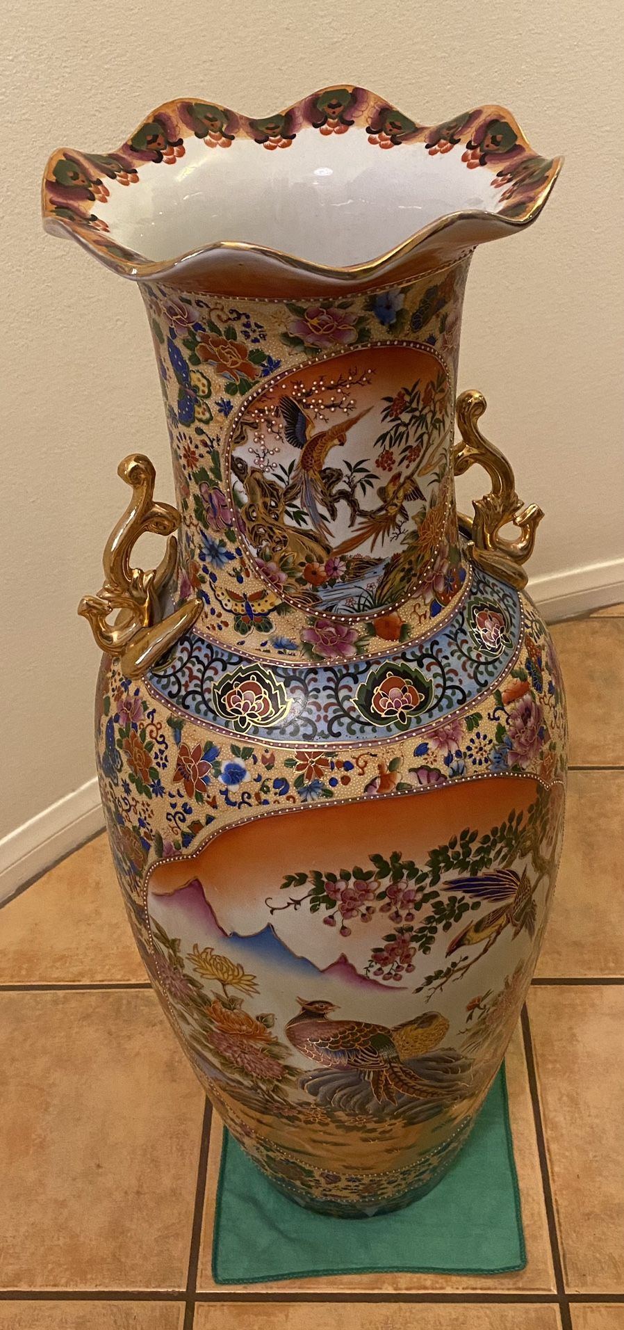 Satsuma-Inspired Asian Floor Vase — 36” Tall, Multicolor Bird & Flower Motifs — New