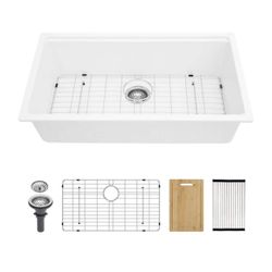 33 in. Undermount Single Bowl White Quartz Workstation Kitchen Sink with Bottom Grids