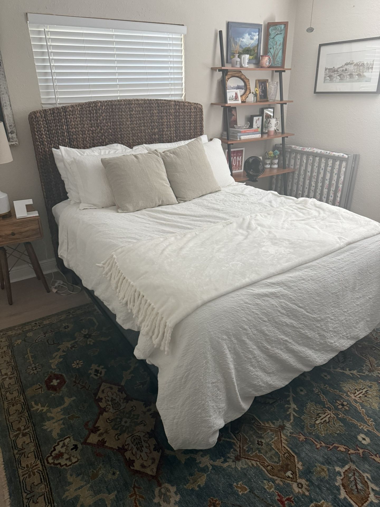 Queen Bed, Box Spring, Pottery Barn Headboard And Metal Frame