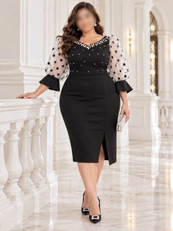 Black Plus Size Bodycon Dress with Sheer Sleeves