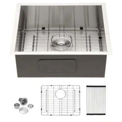 LORDEAR 25 in. x 22 in. Single Bowl Undermount 18-Gauge Stainless Steel Drop In Kitchen Sink w/ Bottom Grid and Strainer Basket