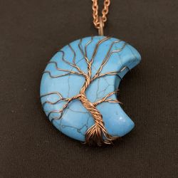 Hand Made Turquoise Tree Of Life Crescent Necklace