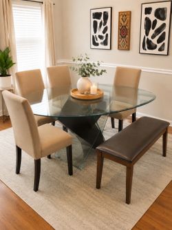 Modern Glass Dining Table Set with Chairs and Bench