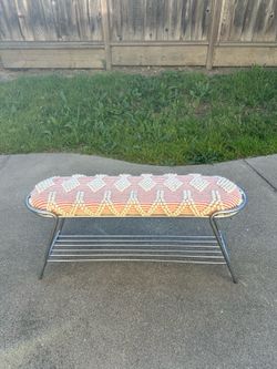 Vintage Mid-Century Metal Bench / Shoe Rack with Woven Cushion