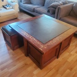 *Priced To Sell* Space Saver Brown Coffee Table With 4 Rolling Chairs & Storage. 