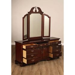 Dark Cherry Dresser with Tri-Fold Mirror 🪞