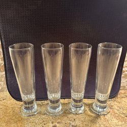 Set of Four Brand New Glass Beer Glasses, Drinkware, 9 Inches Tall