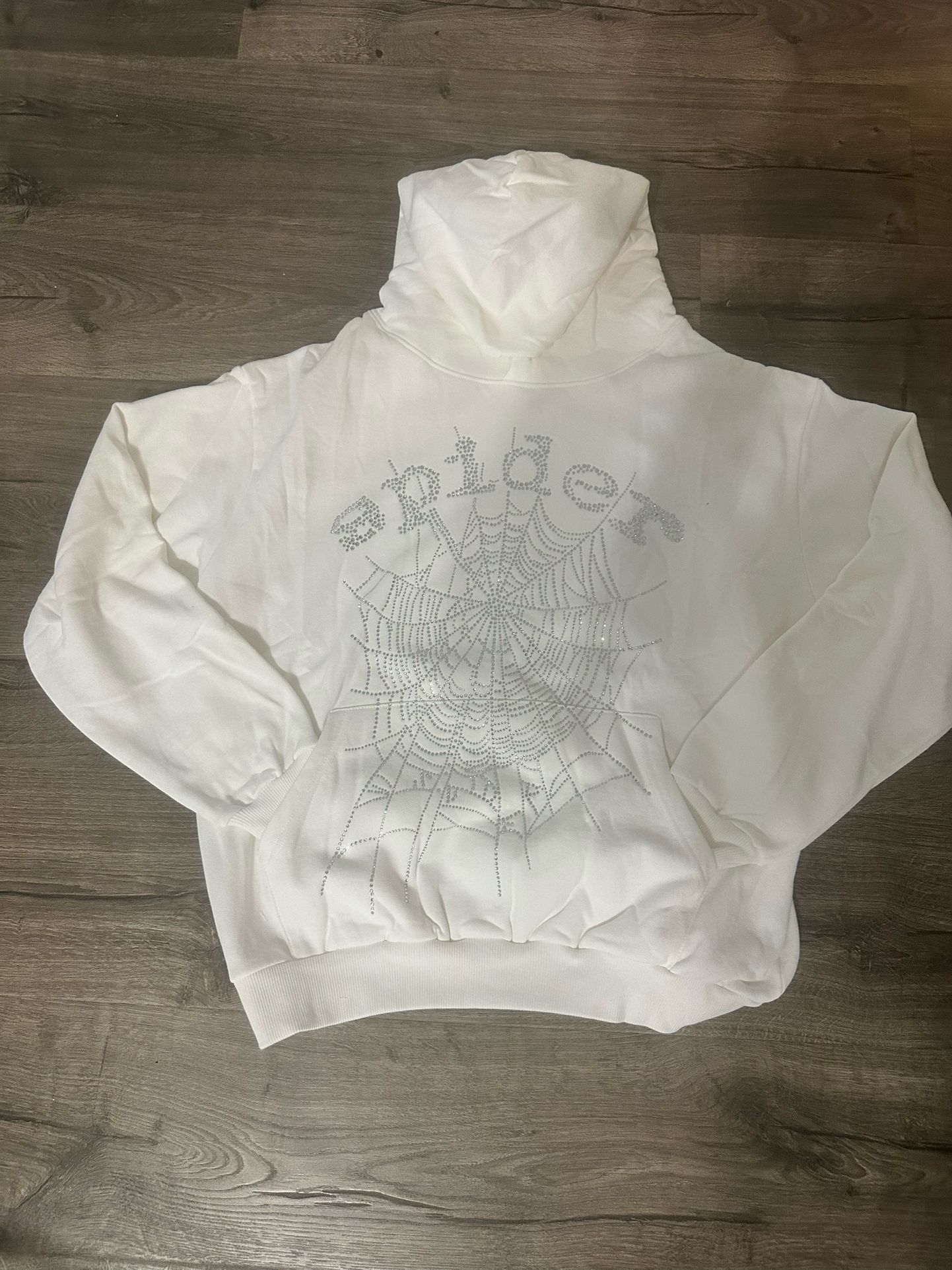 White rhinestone sp5der hoodie