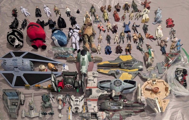 Bundle of 60+ Star Wars figures, 13 vehicles, 3 plushies, 2 12" figures and lots of accessories.