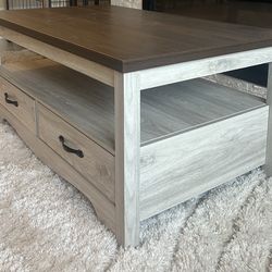 Modern Two-Tone Coffee Table with Storage Drawers & Open Shelf
