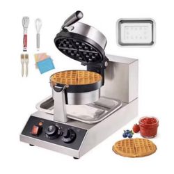 Round Waffle Iron Non-Stick Stainless Steel Rotatable Waffle Cone 1300-Watt Commercial Waffle Maker 
